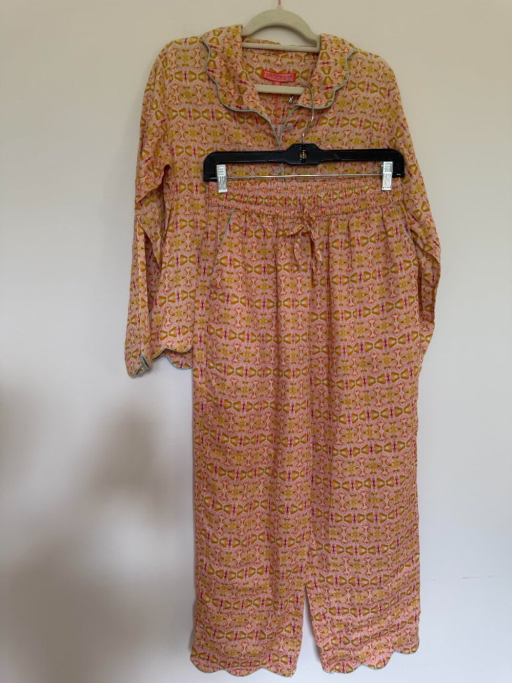 Brooks Avenue Scalloped Long Sleeve Pajama Set Cotton Boho Lounge Orange - Small